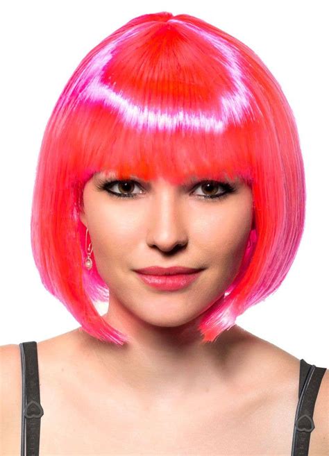 Neon Pink Bob Costume Wig With Fringe Womens Short Fluro Pink Wig