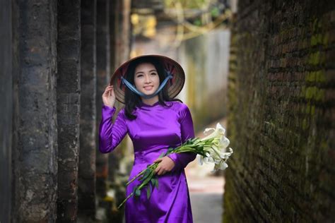 Women Model Portrait Flowers Brunette Asian Hat Photography Purple Dress Smiling