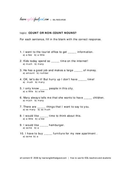 Count Or Non Count Nouns Worksheet For 4th 10th Grade Lesson Planet
