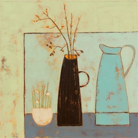 A Painting Of Vases And Flowers On A Table Next To A Wall With A Blue