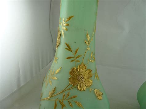 Pair Of Antique Victorian Satin Glass Mantle Vases With Gold From