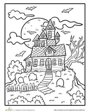 Spooky Mansion Coloring Page | Worksheet | Education.com | Free