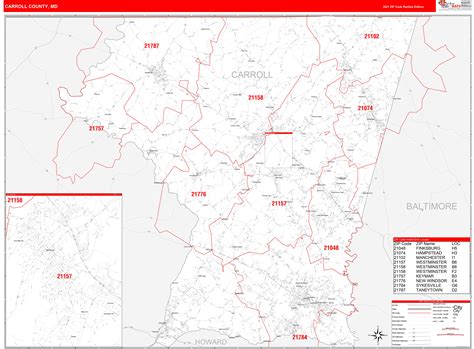 Carroll County Md Zip Code Wall Map Red Line Style By Marketmaps