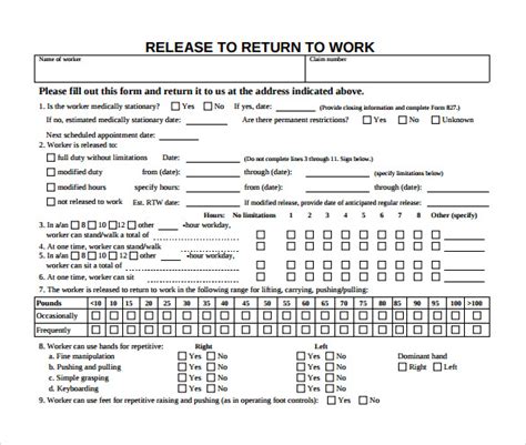 Free 9 Sample Work Release Forms In Pdf Ms Word