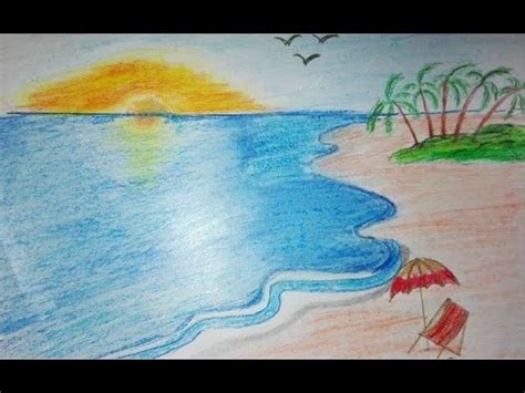 How To Draw A Scenery Of Sea Beach Draw Beach Scenery For Kids Very