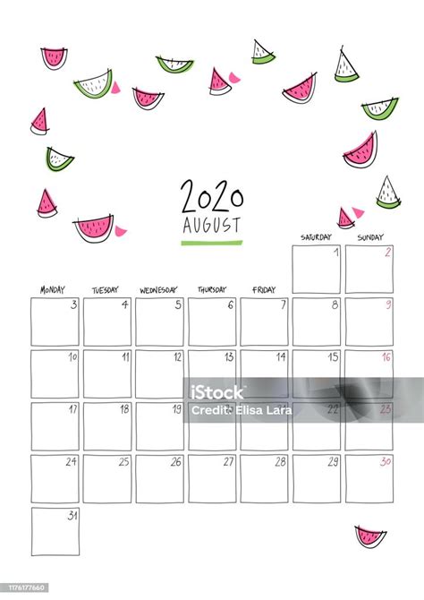 Kalender Dinding Agustus 2020 Template Vertikal Sketsa Berwarnawarni