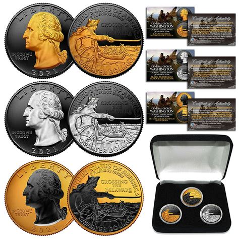 2021 Washington Crossing Delaware Quarters Ruthenium Gold Silver Set Of