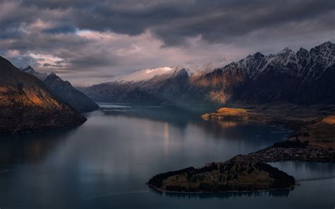 Nature Landscape Sun Rays Mountain Clouds Lake Snowy Peak City Water Queenstown New