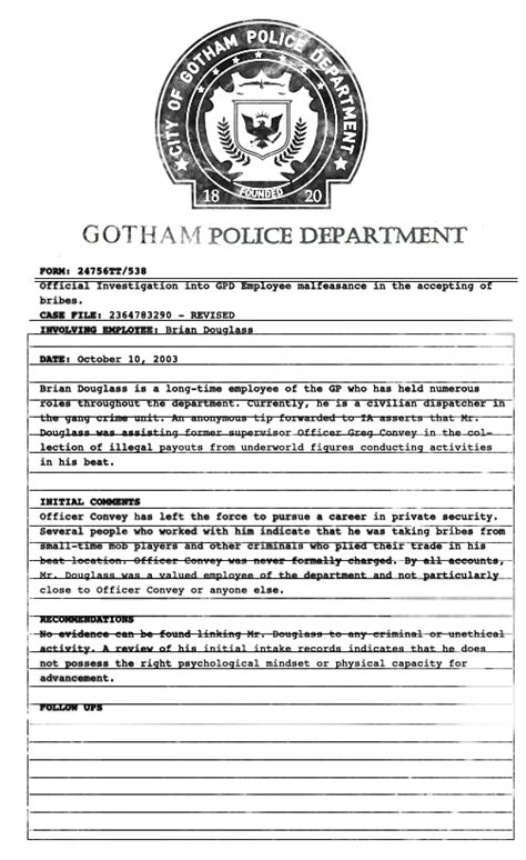 Brian Douglass Investigative Document Ia2364783290 Gotham Police Major Crimes Unit Summer 2008