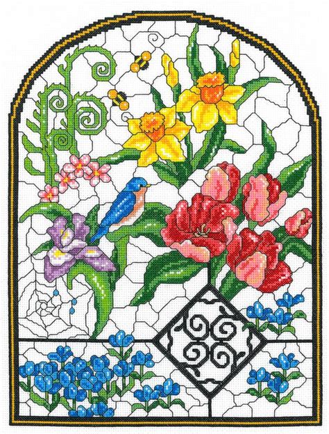 Cross Stitch Four Seasons Stained Glass Bird Cross Stitch