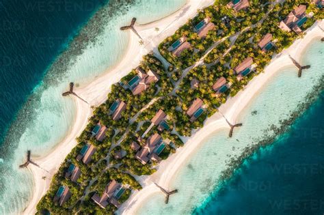 Aerial View Of Touristic Bungalow From A Luxury Resort On Kaafu Atoll