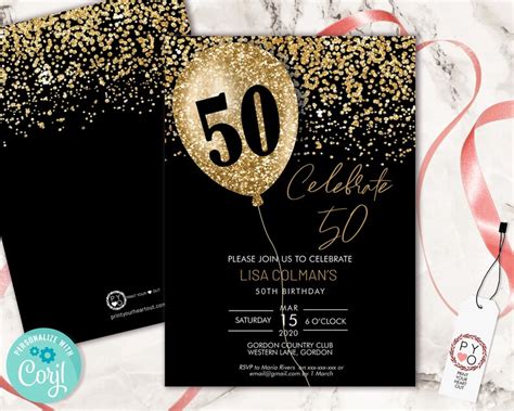 Diy 50th Birthday Balloon Invitation Printable Template Black Etsy