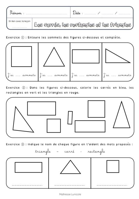 Les carrés, les rectangles et les triangles – CP – Maîtresse Lunicole