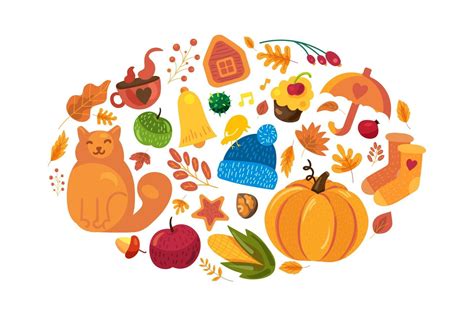 Cartoon Autumn Background Fall Symbols On White 2275808 Vector Art At