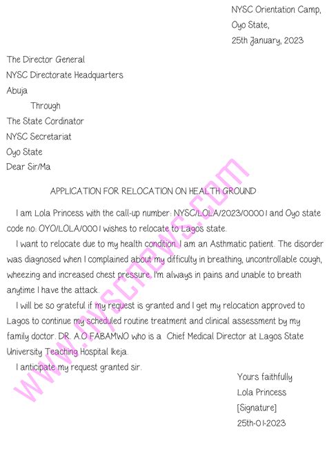 Sample Of Nysc Relocation On Health Ground