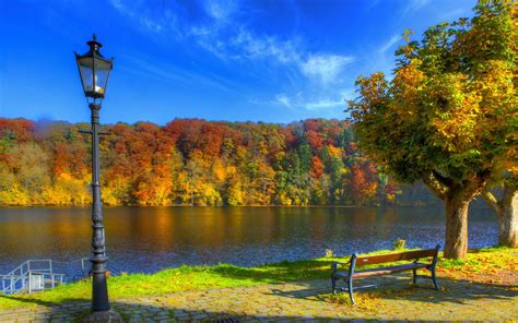 Bench Sky Autumn Lights River Ulm Germany Wallpapers