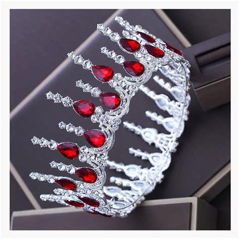 new trendy silver color baroque round large tiara red crystal bride wedding luxury crown for