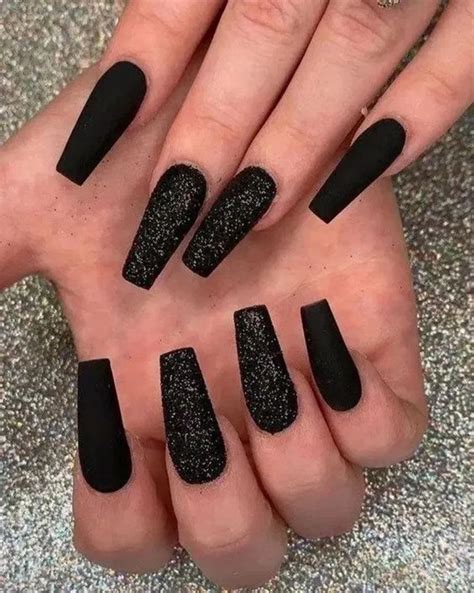 22 Best Matte Black Coffin Nail Ideas 15 Black Nails With Glitter
