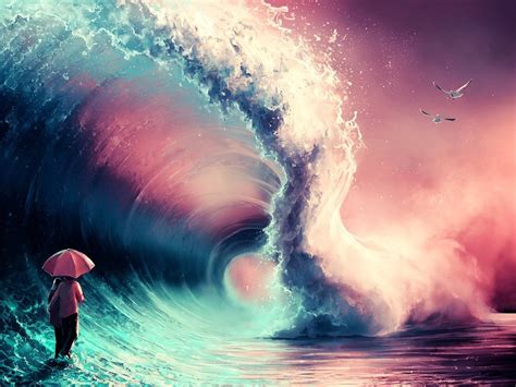 Drawing Sea Blue Pink Fantasy Art Waves Artwork