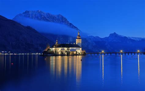 Austria Gmunden Lake Traunsee Mountains House Blue Sky Night
