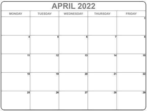 April 2022 Monday Calendar Monday To Sunday