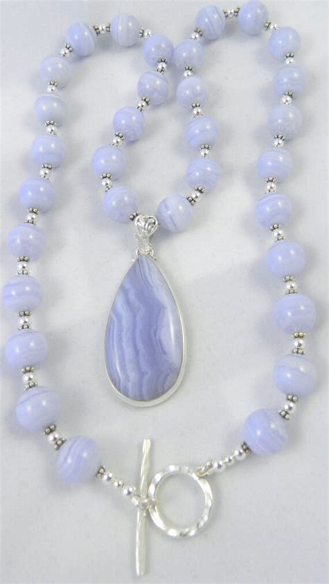 Blue Lace Agate Necklace W Blue Lace Agate Pendant Set In