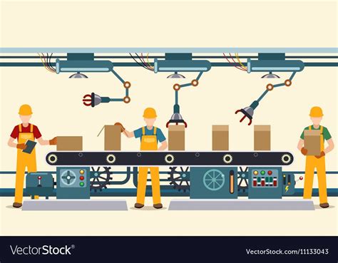 Production Conveyor Belt With Vector Factory Operational People In Uniform Vector Illustration
