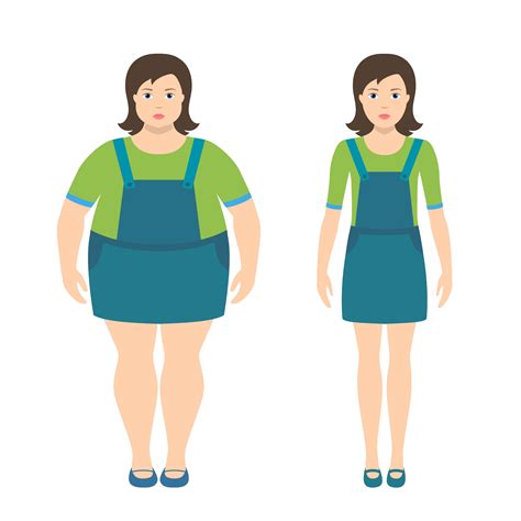 Fat And Slim Girls Vector Illustration In Flat Style Children Obesity