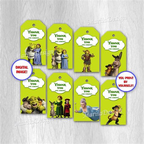 The shrek party favor box contains several great items, including shrek stickers, a blowout, a bouncing ball, a bag of pop rocks candy, and glow putty in a striped box. Shrek, Shrek Thank you tags, Shrek Gift Tags, Shrek ...