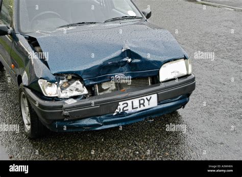 Damage On A Ford Fiesta Car Following A Road Traffic Accident Stock