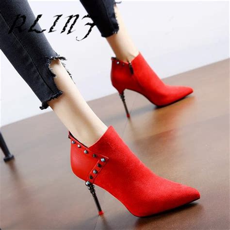 Rlinf New Rivet Suede Stitching Super High Heel Stiletto Pointed Female Short Bootsankle Boots