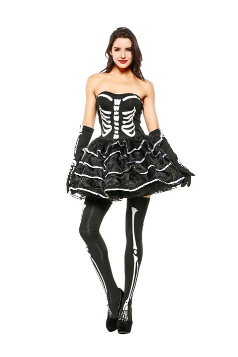 women halloween sexy scary skeleton costume zombie costume miss skeleton black dress horror