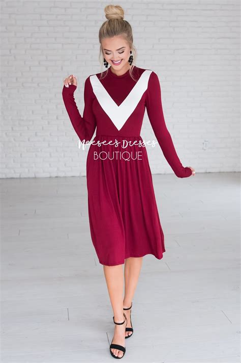 Burgundy White V Bodice Pattern Long Sleeve Modest Dress Best Online