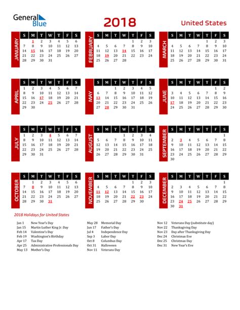 2018 United States Calendar With Holidays
