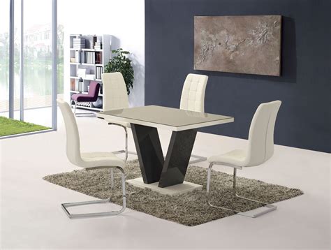 Grey high gloss glass dining table and 4 white chairs -Homegenies