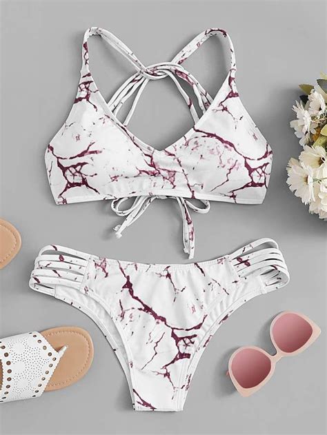 Sheinshein Marble Print Strappy Top With Low Rise Bikini Summer Bathing