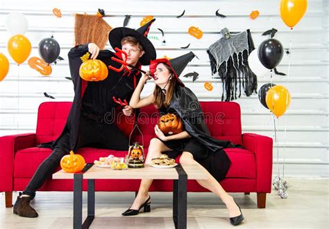 Happy Halloween Party Concept Young Man And Woman Wearing As Vampires