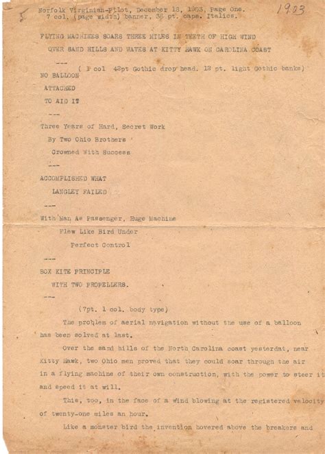 First Flight Story Virginian Pilot December 18 1903 Harry P. Moore Page