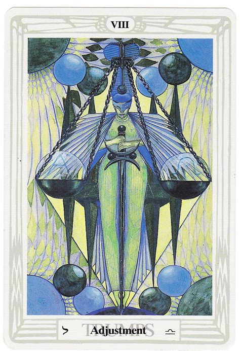 Maybe you would like to learn more about one of these? Adjustments (aka "Justice") tarot card from the Thoth deck by Aleister Crowley. The Justice card ...
