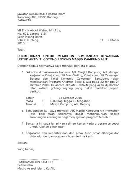 Contoh surat permohonan kerjasama sponsor. Surat Rasmi Untuk Memohon Bantuan Kewangan - Khabi News