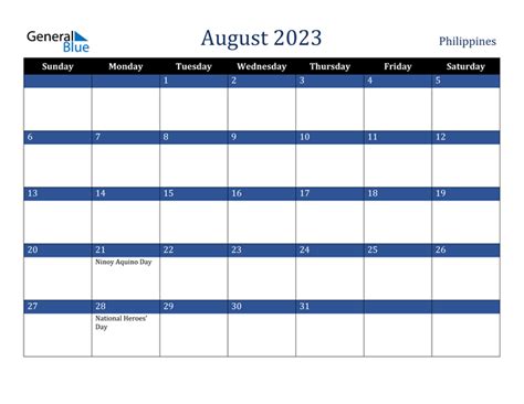 August 2023 Calendar With Philippines Holidays