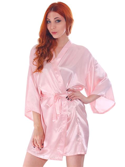 Womens Silk Satin Short Lingerie Japanese Kimono Robe Bathrobe Pink
