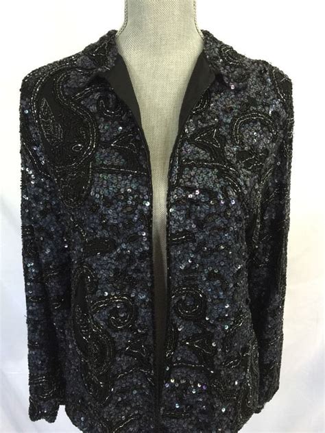 Chicos Black Navy Beaded Sequin Evening Jacket Size 0 Xs Womens