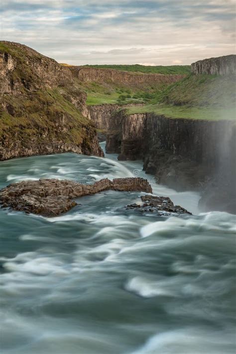 Gullfoss Waterfall At Midnight Iceland Golden Circle Stock Image