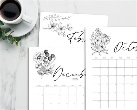 2022 Calendar Printable Black And White Floral Calendar Etsy Singapore