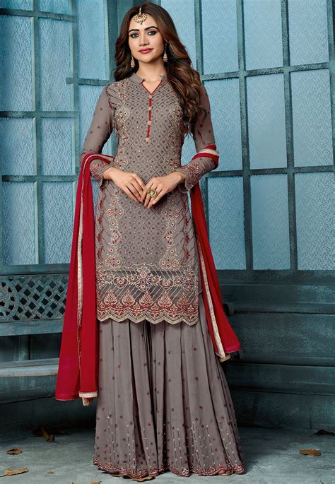 Grey Georgette Embroidered Sharara Style Pakistani Suit 807