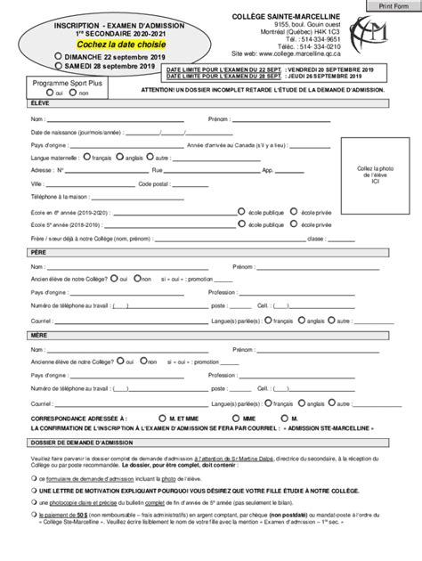 Remplissable En Ligne Inscription Examen Dadmission Fax Email