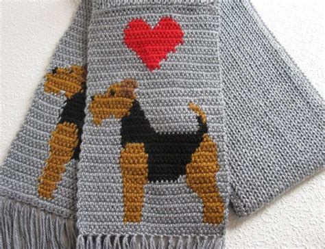 Airedale Terrier Scarf Gray Knit Scarf With Welsh Terriers And Red