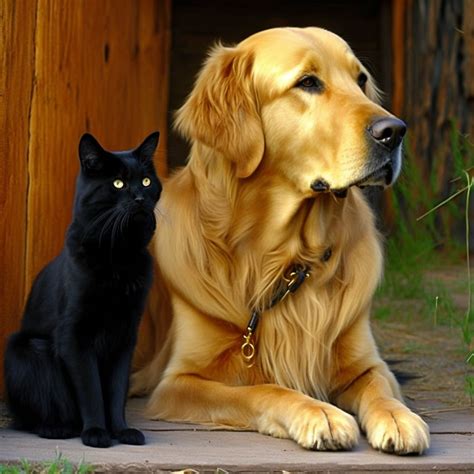 Furry Duo Black Cat And Golden Retriever Gazing Digital Print Etsy