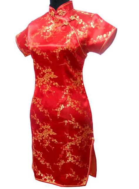 Red Chinese Women Wedding Dress Sexy Satin Mini Qipao Summer Slim Print Flower Short Sleeve